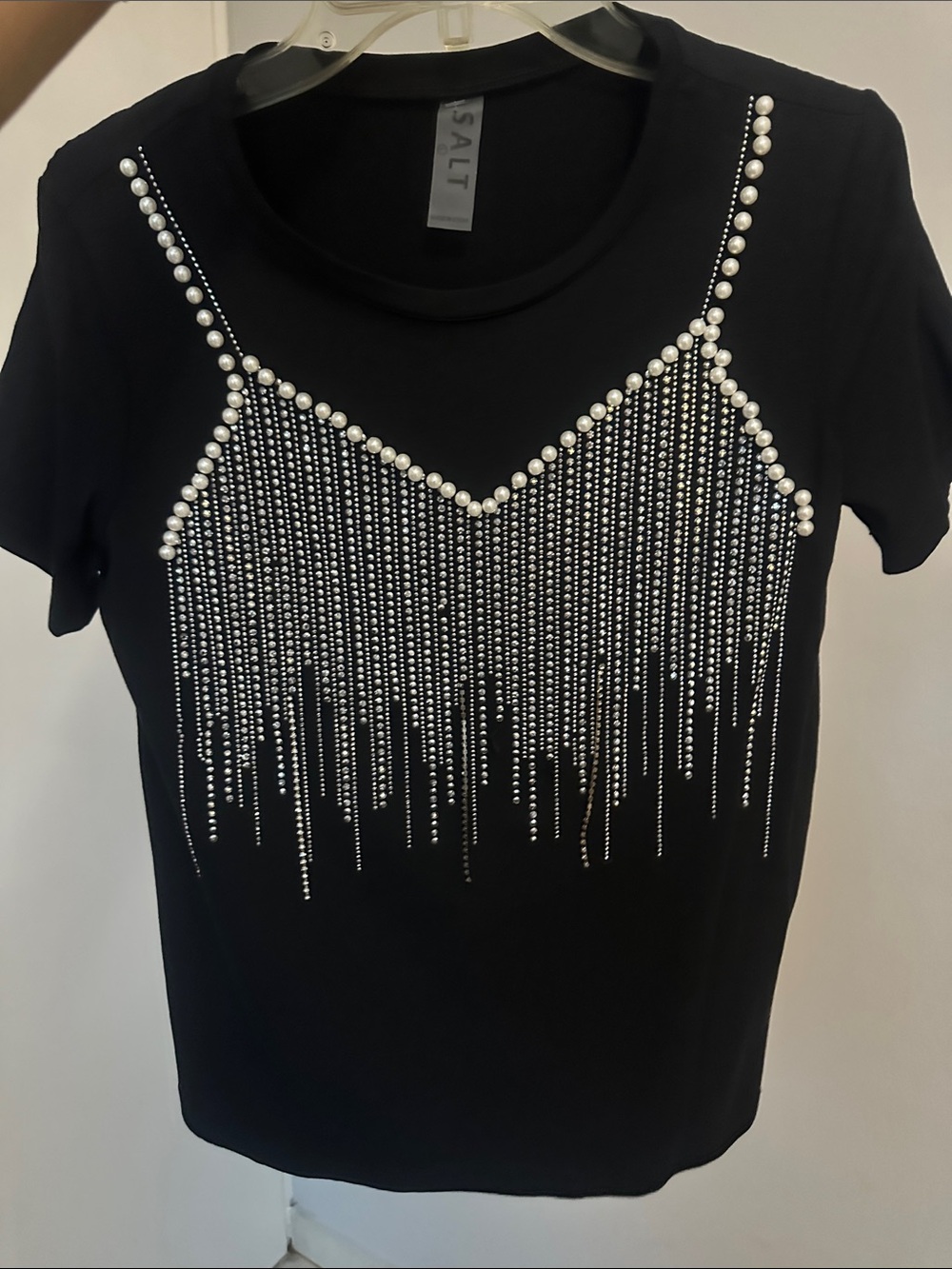 Black Pearl & Rhinestone Fringe Short Sleeve Top
